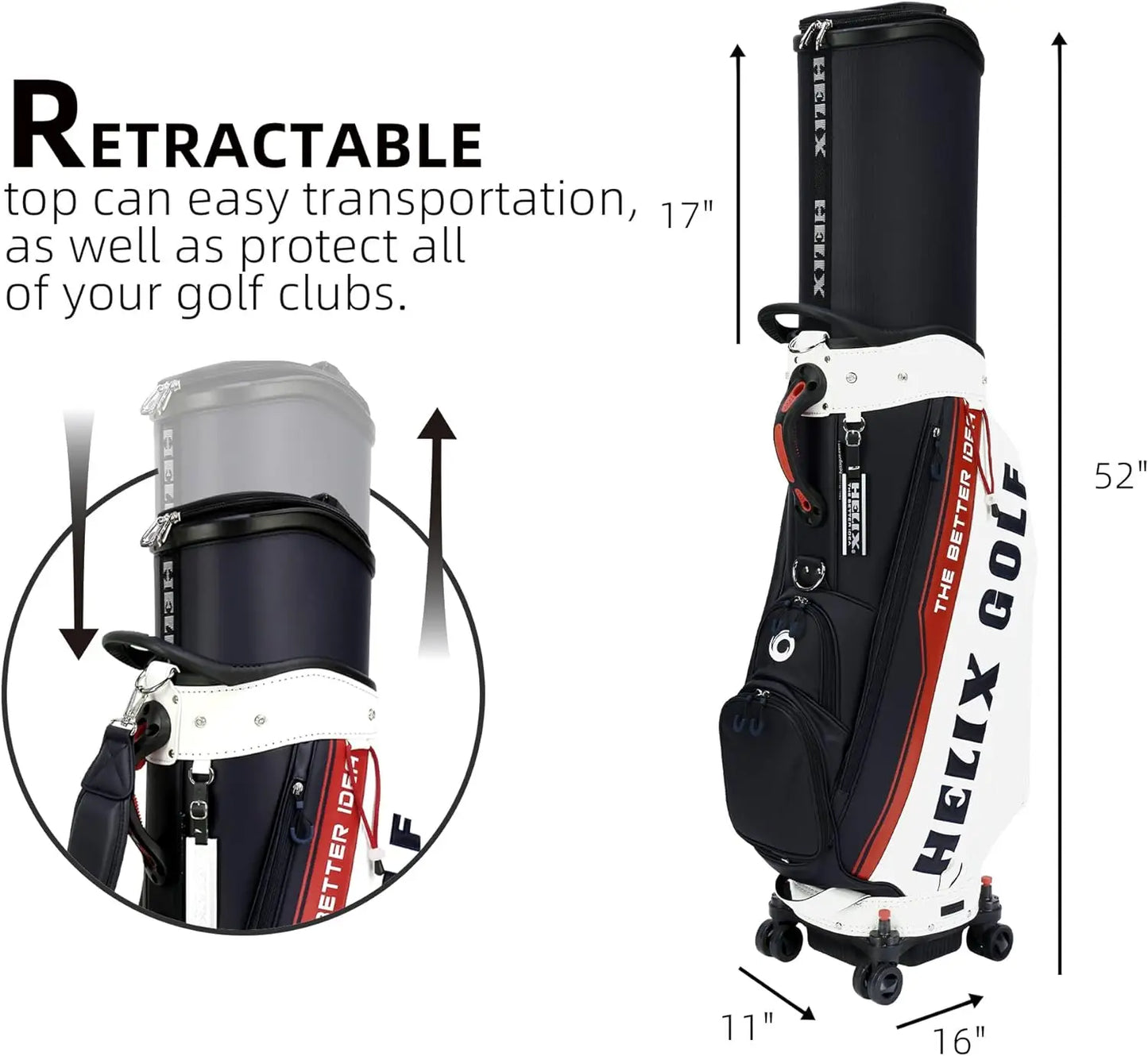 HELIX Golf Bag with Wheels for Men and Women Golf Cart Bag with Hard Retractable Cover for Protecting Clubs During Travel