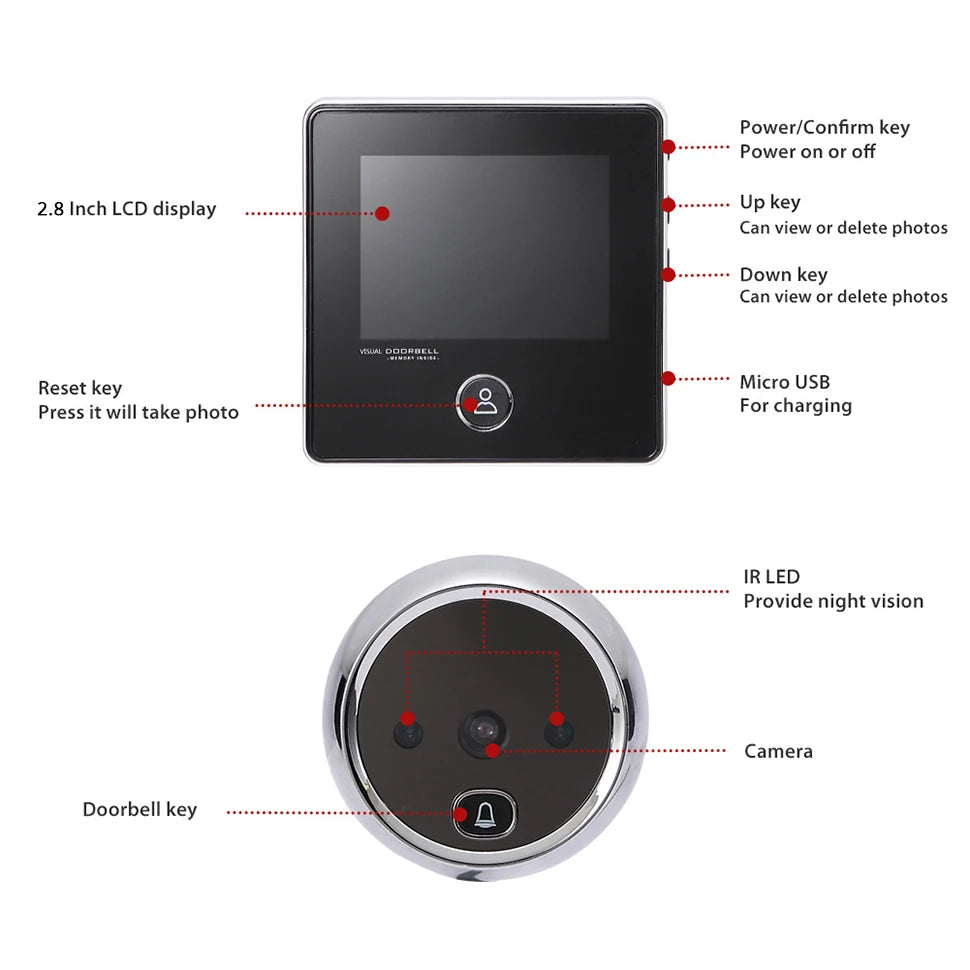 2.8" LCD Screen Electronic Door Viewer Bell IR Night Door Camera Photo Recording Digital Door Viewer Smart Peephole Doorbell