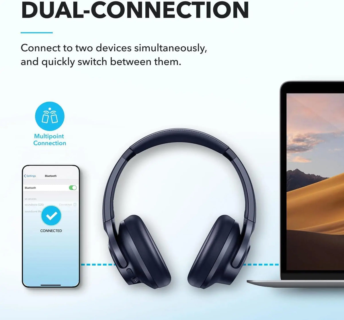 Q20i Hybrid ANC Headphones - Wireless Over-Ear BT - 40H Long ANC Playtime - Hi-Res Audio - Big Bass - Customize via an App - Transparency Mode (Refurbished)