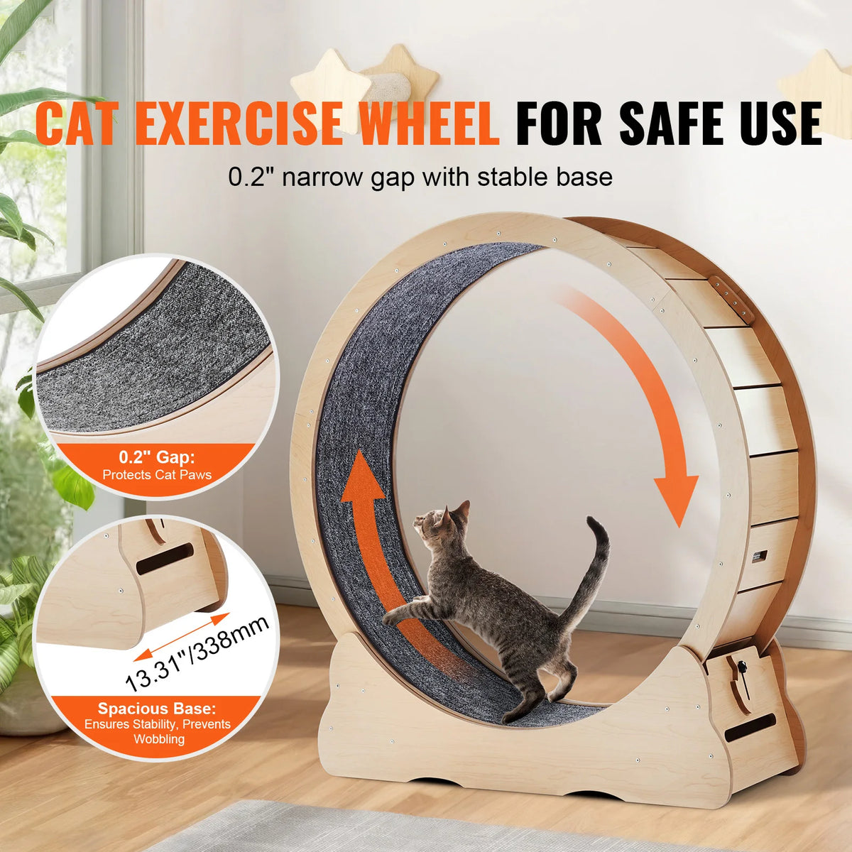 Wooden Cat Exercise Wheel Large Cat Treadmill Wheel for Indoor Cat Running Wheel with Detachable Carpet & Cat Teaser
