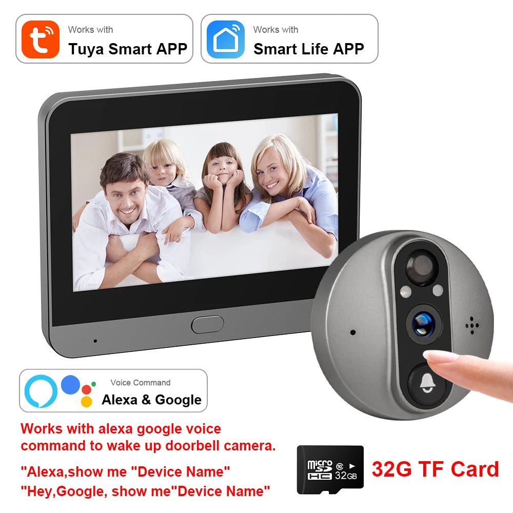 3MP WiFi Smart Tuya Peephole 5000mAh Doorbell Door Eye Camera Infrared Alexa Google Video Intercom Door Cameras Home Security