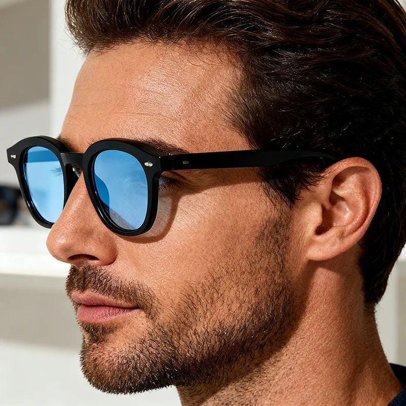 Vintage Fashion Round Sunglasses Women Men 2025 Brand Design Retro Rivet Yellow Blue Lens Square SunGlasses Male Female UV400