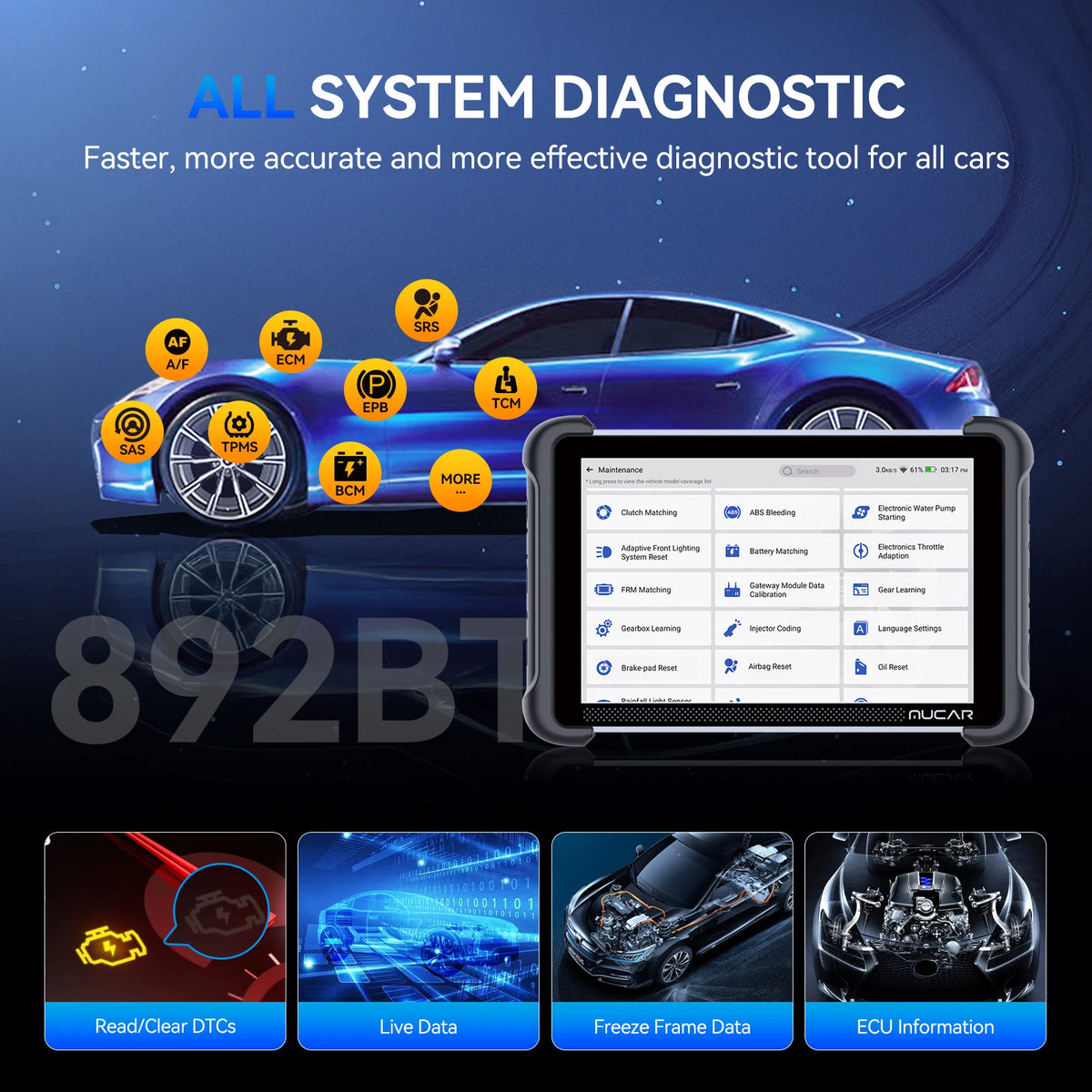 MUCAR 892BT Car Diagnostic Tools Free AI CANFD DoIP All System Auto Scan Tool ECU Coding Bi-Directional OBD2 Scanner 35 Resets