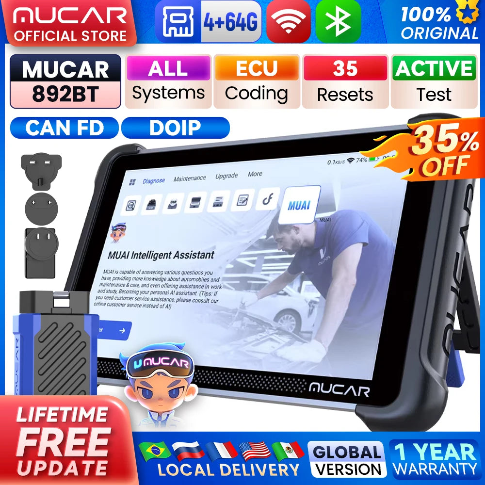 MUCAR 892BT Car Diagnostic Tools Free AI CANFD DoIP All System Auto Scan Tool ECU Coding Bi-Directional OBD2 Scanner 35 Resets
