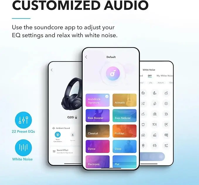 Q20i Hybrid ANC Headphones - Wireless Over-Ear BT - 40H Long ANC Playtime - Hi-Res Audio - Big Bass - Customize via an App - Transparency Mode (Refurbished)